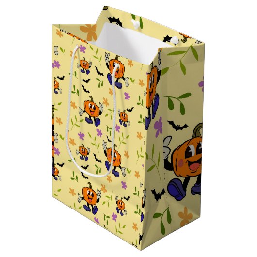 Kawaii Jack-o’-Lantern with Flowers and Bats Medium Cadeauzakje (Voorkant Gekanteld)