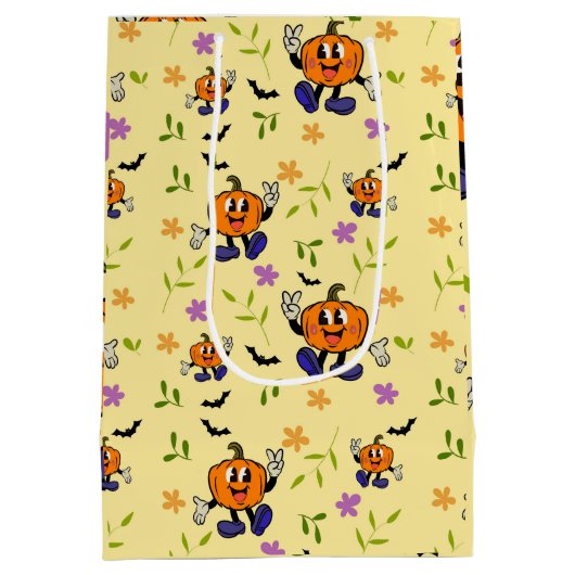 Kawaii Jack-o’-Lantern with Flowers and Bats Medium Cadeauzakje (Achterkant)