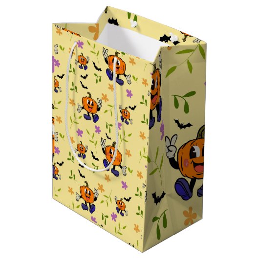 Kawaii Jack-o’-Lantern with Flowers and Bats Medium Cadeauzakje (Achterkant Gekanteld)