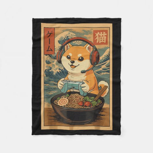 Kawaii Japanese Ramen Dog Retro Gaming Shirts For  Fleece Deken (Voorkant)