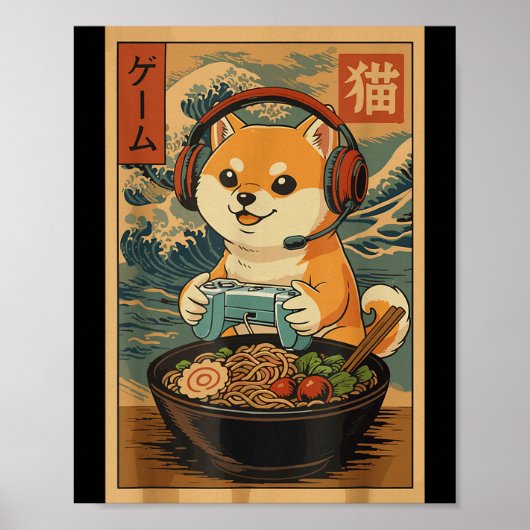 Kawaii Japanese Ramen Dog Retro Gaming Shirts For Poster (Voorkant)