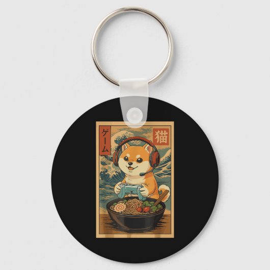 Kawaii Japanese Ramen Dog Retro Gaming Shirts For Sleutelhanger (Voorkant)