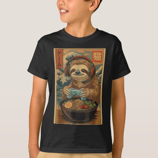 Kawaii Japanese Ramen Sloth Retro Gaming Shirts Fo (Voorkant)