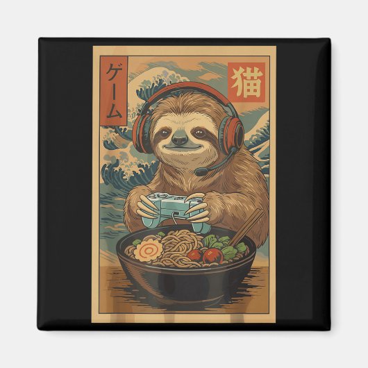 Kawaii Japanese Ramen Sloth Retro Gaming Shirts Fo Magneet (Voorkant)