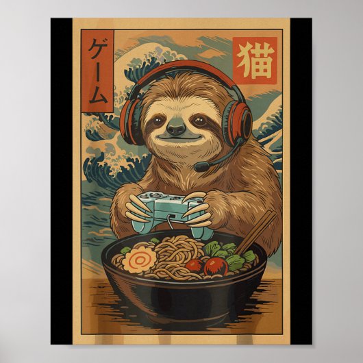 Kawaii Japanese Ramen Sloth Retro Gaming Shirts Fo Poster (Voorkant)