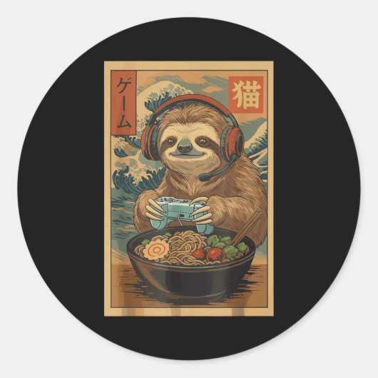 Kawaii Japanese Ramen Sloth Retro Gaming Shirts Fo Ronde Sticker (Voorkant)