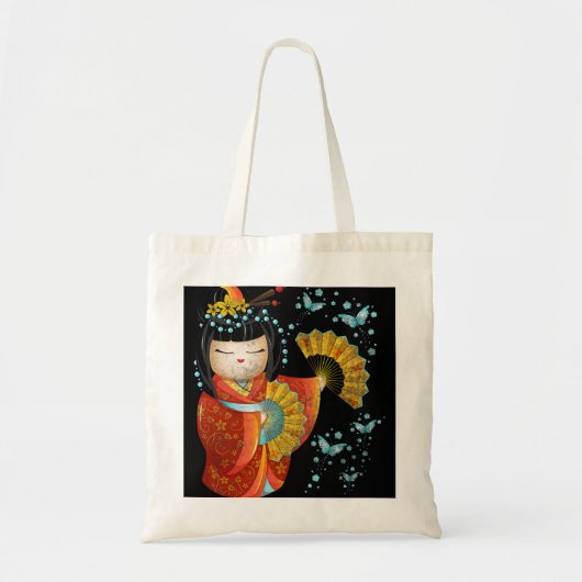 Kawaii Japans Kokeshi Doll Kimono Geisha Butterf Tote Bag (Voorkant)