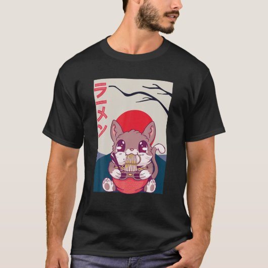 Kawaii Japans vierkant kat eet ramen terwijl gamin T-shirt (Voorkant)