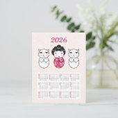 Kawaii Japanse Kokeshi Doll 2026 Kalender Briefkaart (Staand voorkant)