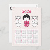 Kawaii Japanse Kokeshi Doll 2026 Kalender Briefkaart (Voorkant / Achterkant)
