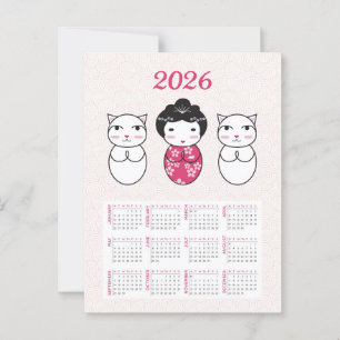 Kawaii Japanse Kokeshi Doll 2026 Kalender Briefkaart