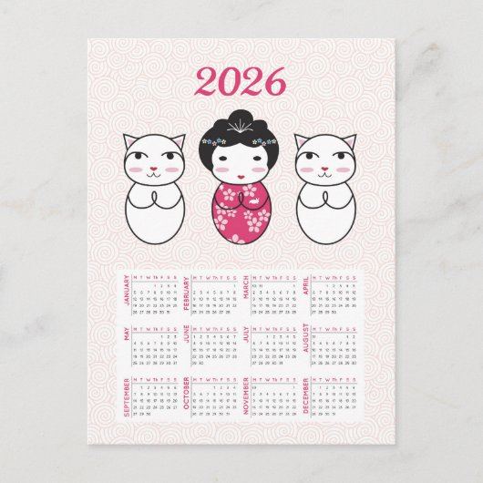 Kawaii Japanse Kokeshi Doll 2026 Kalender Briefkaart (Voorkant)
