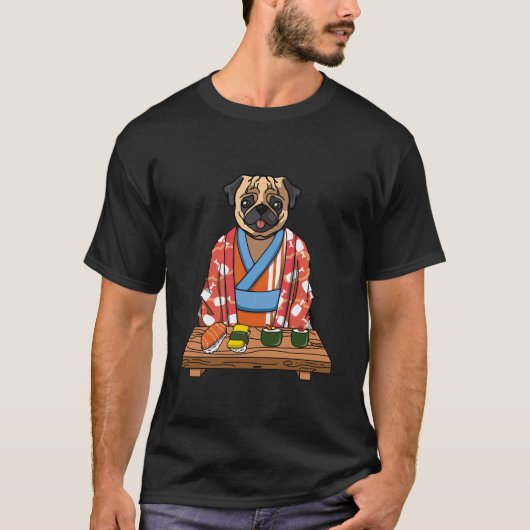 Kawaii Japanse Pug Hond Kimono Sushi T-shirt (Voorkant)