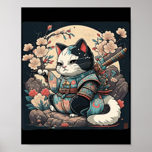 Kawaii Japanse stijl Samurai Cat Kitten Anime Poster