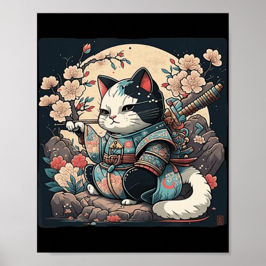 Kawaii Japanse stijl Samurai Cat Kitten Anime Poster (Voorkant)