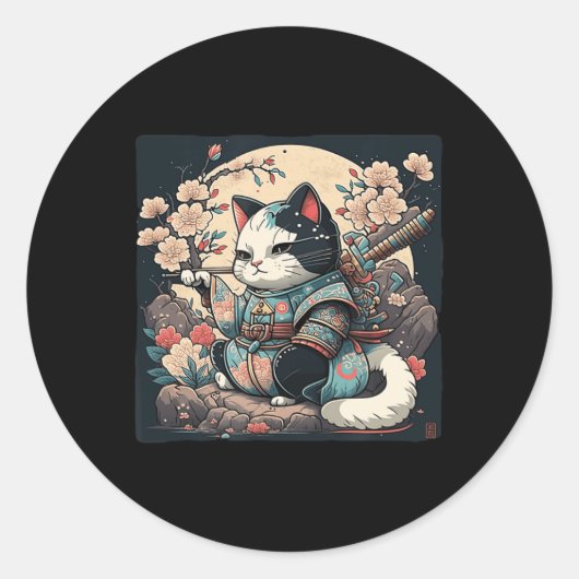 Kawaii Japanse stijl Samurai Cat Kitten Anime Ronde Sticker (Voorkant)