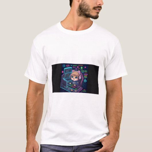 Kawaii Kat Coder T-shirt | Schattige programmeur K (Voorkant)