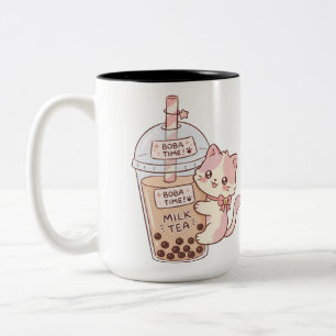Kawaii kat die knuffelende bubbelmelkthee Mooie Tweekleurige Koffiemok