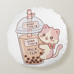 Kawaii kat die knuffelende bubble melkthee Mooie Rond Kussen
