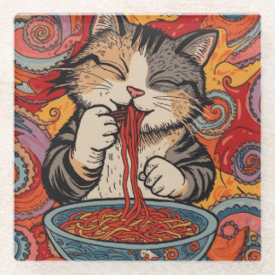 kawaii kat die noedels eet glazen onderzetter