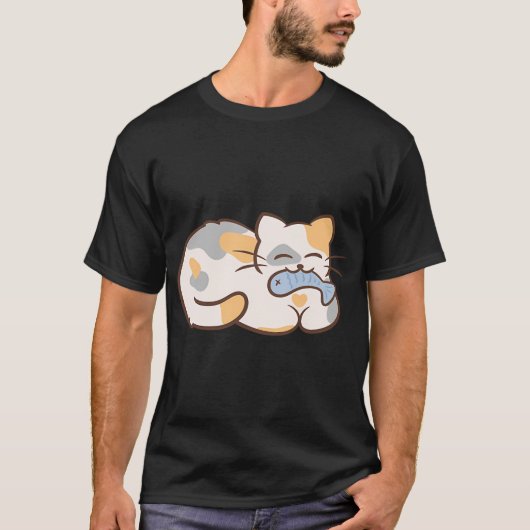 kawaii kat die vis eet t-shirt (Voorkant)