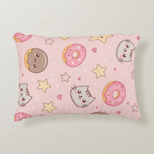Kawaii kat, donut en sterpatroon accent kussen (Voorkant)