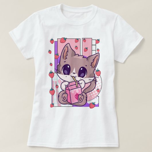 Kawaii kat drinkt aardbeimelk t-shirt (Design voorkant)