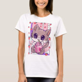 Kawaii kat drinkt aardbeimelk t-shirt (Voorkant)