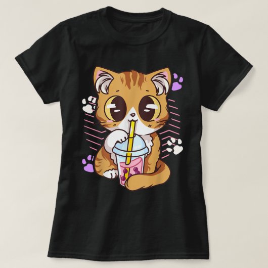 Kawaii kat drinkt Boba-thee T-shirt (Design voorkant)