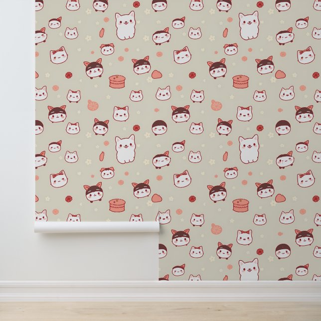 Kawaii Kat Gezichten Patroon met Bogen & Snoep Behang (Applicatie)