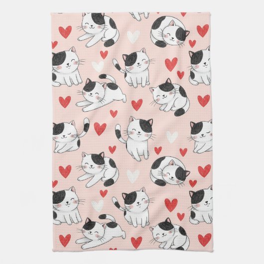 Kawaii Kat & Harten Valentijnpatroon (7) Theedoek (Verticaal)