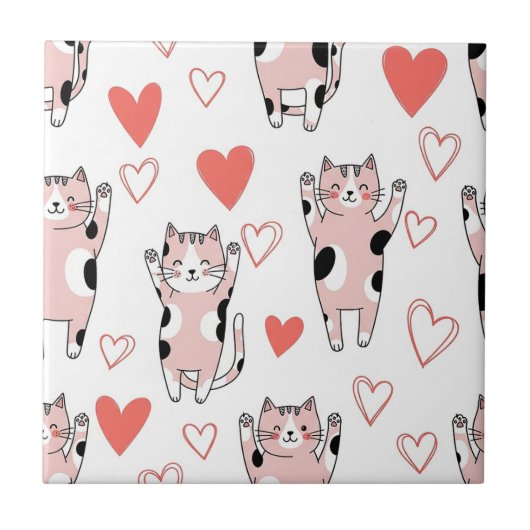 Kawaii Kat & Harten Valentijnpatroon (8) Tegeltje (Voorkant)