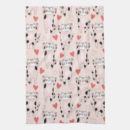 Kawaii Kat & Hartjes Valentijnpatroon (2) Theedoek (Verticaal)