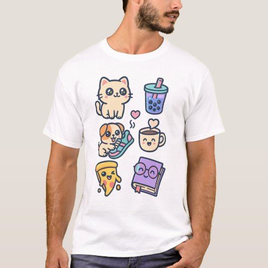 Kawaii Kat, Hond & Voedsel Liefhebbers Mok T-shirt (Voorkant)