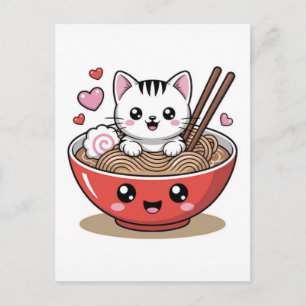 Kawaii kat in ramen kom met eetstokjes en hart feestdagenkaart