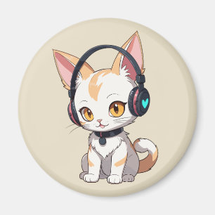 Kawaii Kat in Rocking Hoofdtelefoon Magneet
