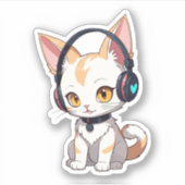 Kawaii Kat in Rocking Hoofdtelefoon Sticker (Voorkant)