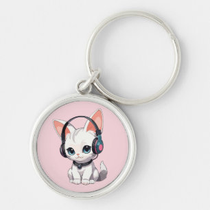 Kawaii kat in trendy hoofdtelefoon sleutelhanger