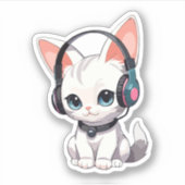 Kawaii Kat in Trendy Hoofdtelefoon Sticker (Voorkant)