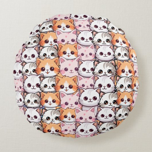 Kawaii kat katje kitten huisdier gezicht doodle pr rond kussen (Voorkant)