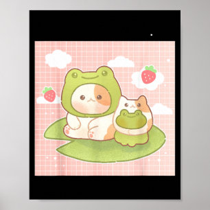 Kawaii Kat Kikker Aardbei Retro 90s Cottagecore Poster
