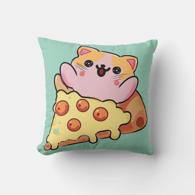 Kawaii Kat Knuffel Pepperoni Pizza Cartoon Kussen (Voorkant)