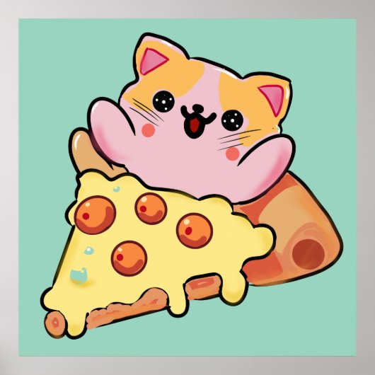Kawaii Kat Knuffel Pepperoni Pizza Cartoon Poster (Voorkant)
