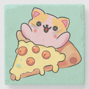 Kawaii Kat Knuffel Pepperoni Pizza Cartoon Stenen Onderzetter