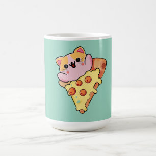Kawaii Kat Knuffelende Pepperoni Pizza Cartoon Koffiemok