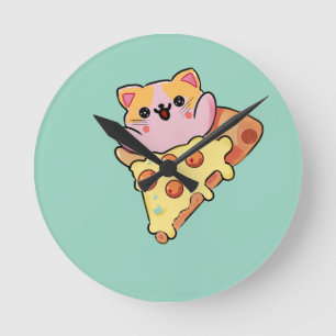 Kawaii Kat Knuffelende Pepperoni Pizza Cartoon Ronde Klok