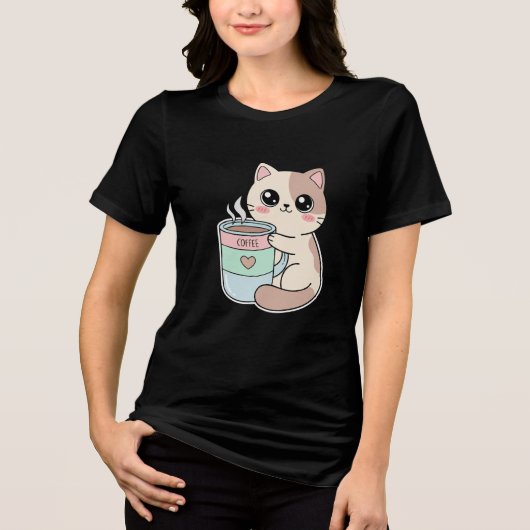 Kawaii Kat Koffie Eerst Tri-Blend Shirt (Voorkant)