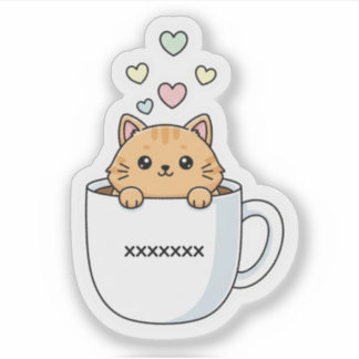 Kawaii Kat & Koffie Hartjes Illustratie Sticker
