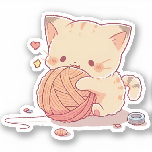 Kawaii Kat Liefde Wollen Bal Sticker (Voorkant)