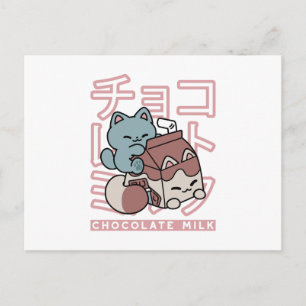 Kawaii kat met chocolademelk – Japanse Pop Art Feestdagenkaart